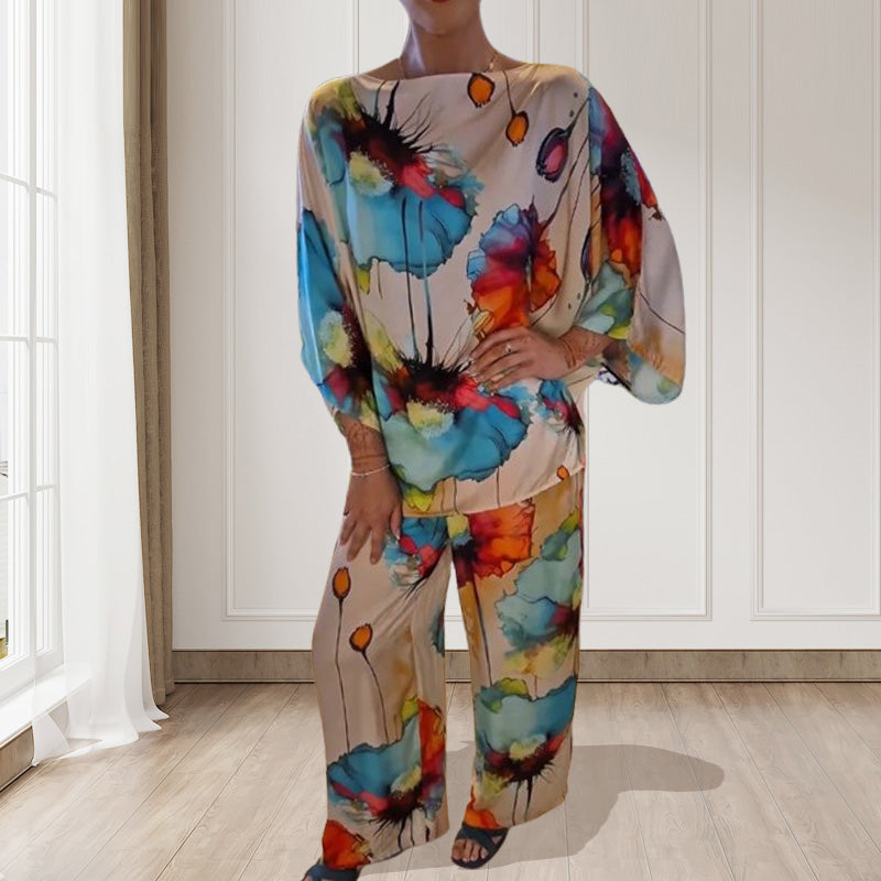 Traje elegante y suelto de 2 piezas con presión floral de acuarela para mujeres de gran tamaño