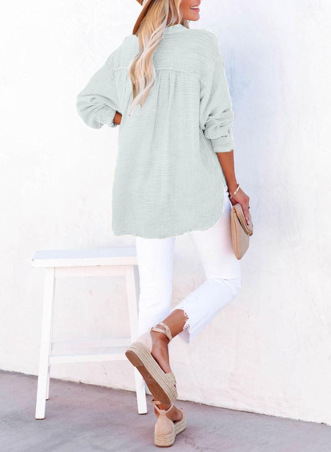 🍀Blusas casuales de gasa con botones al frente y manga larga para mujer en talla grande