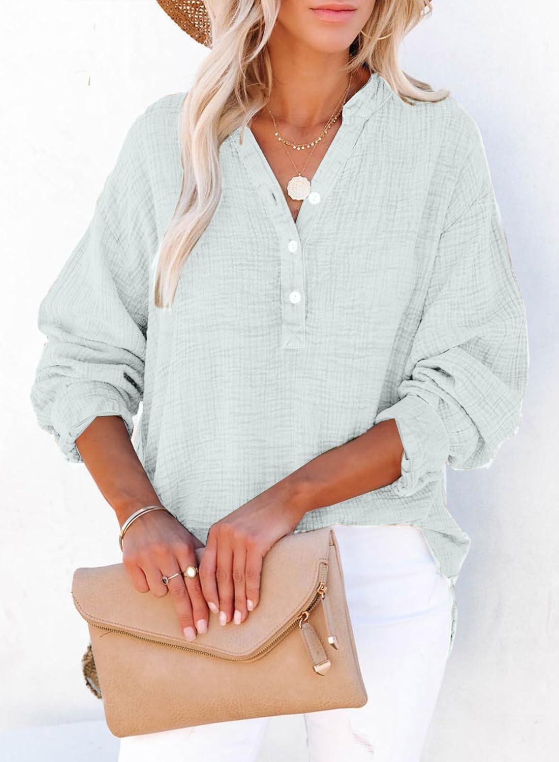 🍀Blusas casuales de gasa con botones al frente y manga larga para mujer en talla grande
