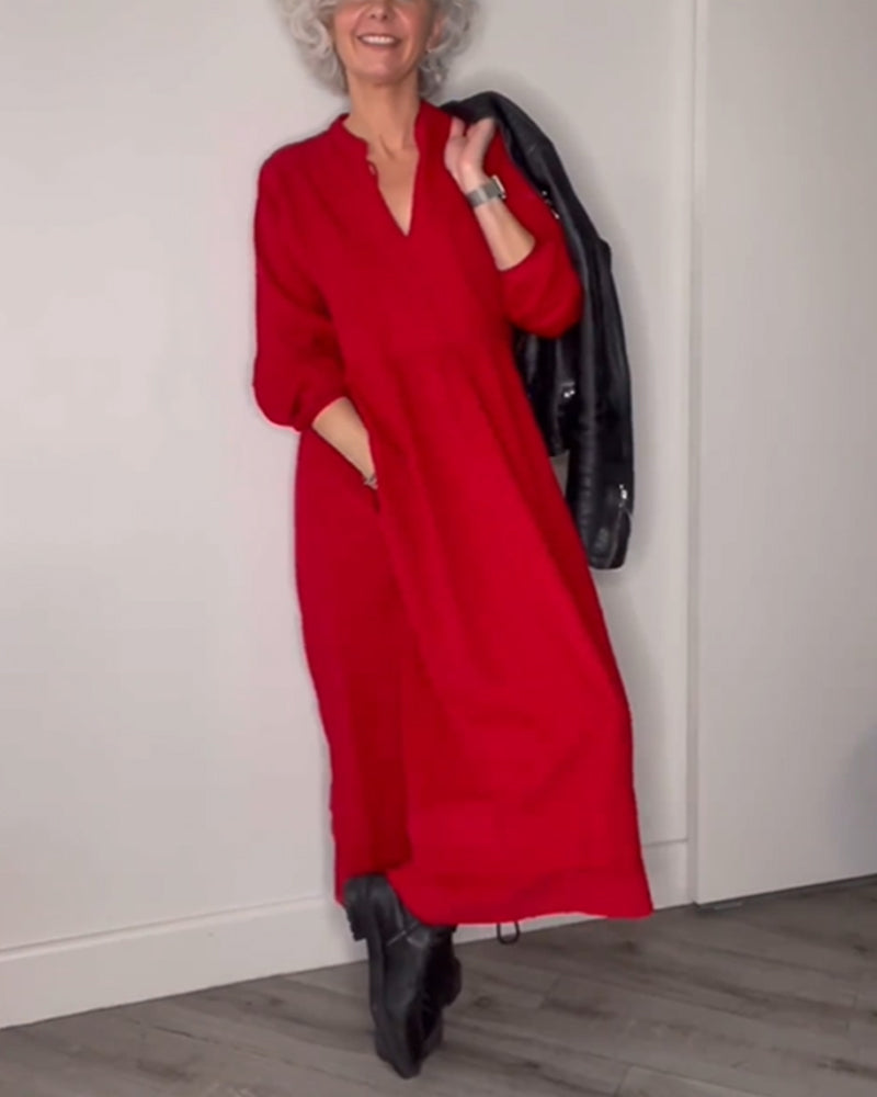 🎁Heiße Neuankömmlinge💃 Elegantes Kleid mit V-Ausschnitt und langen Ärmeln
