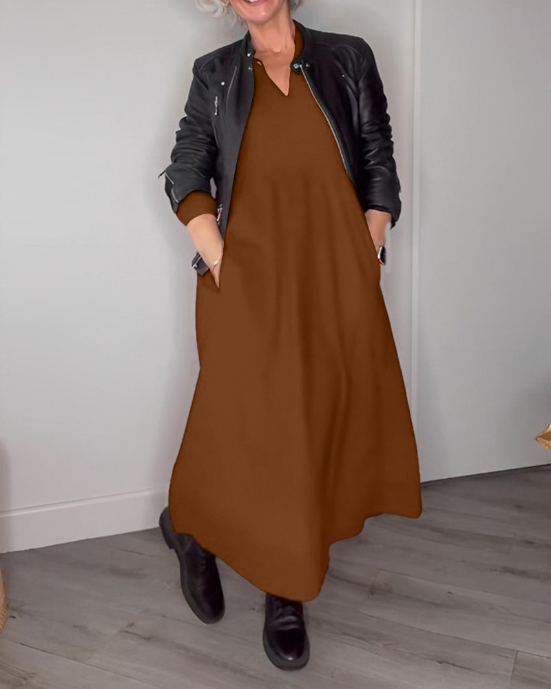 🎁Heiße Neuankömmlinge💃 Elegantes Kleid mit V-Ausschnitt und langen Ärmeln