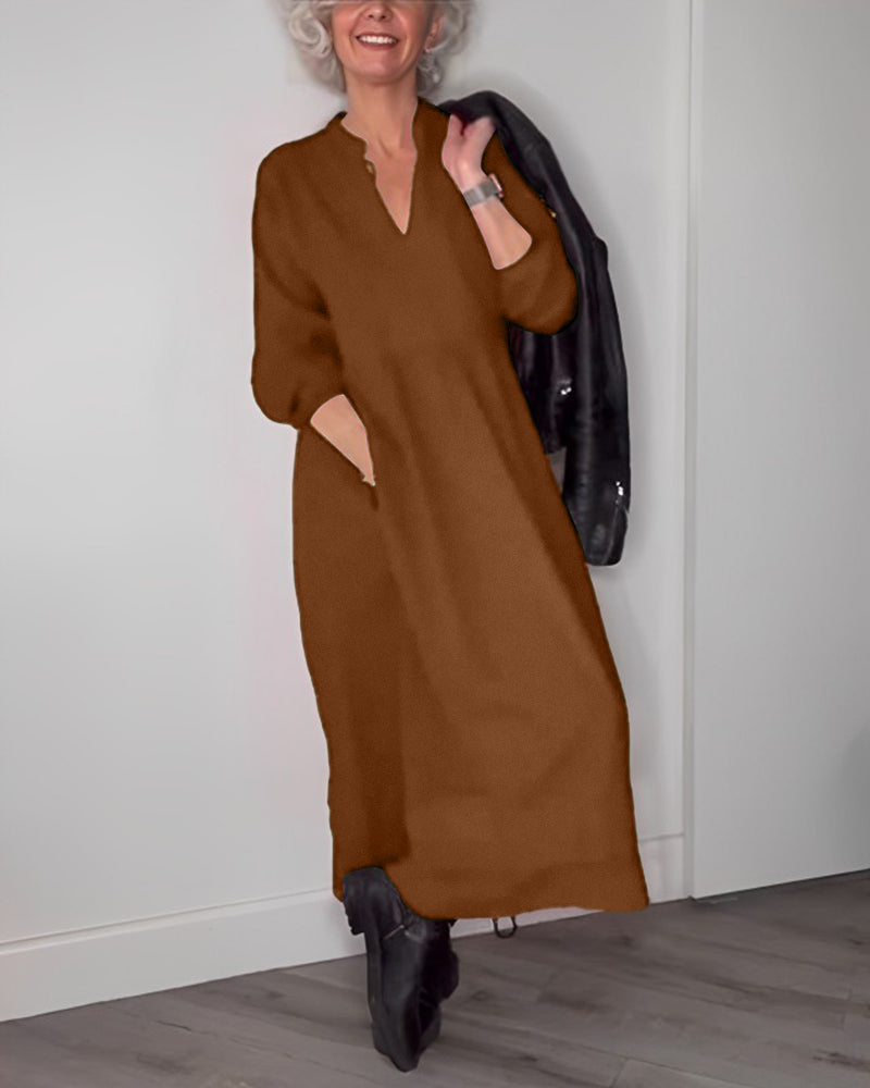 🎁Heiße Neuankömmlinge💃 Elegantes Kleid mit V-Ausschnitt und langen Ärmeln