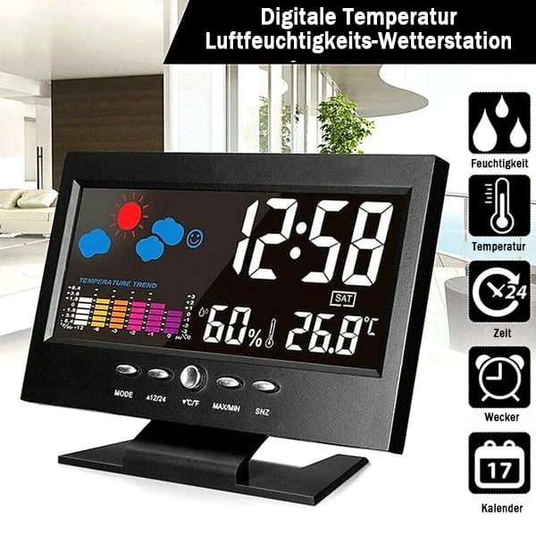 🔥bestes Geschenk-50% Rabatt🔥Digitaler LED-Temperatur- und Luftfeuchtigkeitsmonitor, Wettervorhersage, LED-Tischwecker