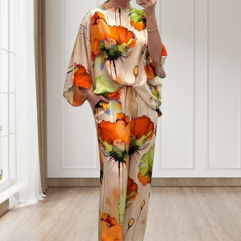 Traje elegante y suelto de 2 piezas con presión floral de acuarela para mujeres de gran tamaño