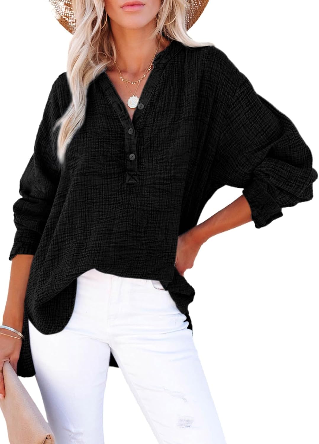 🍀Blusas casuales de gasa con botones al frente y manga larga para mujer en talla grande