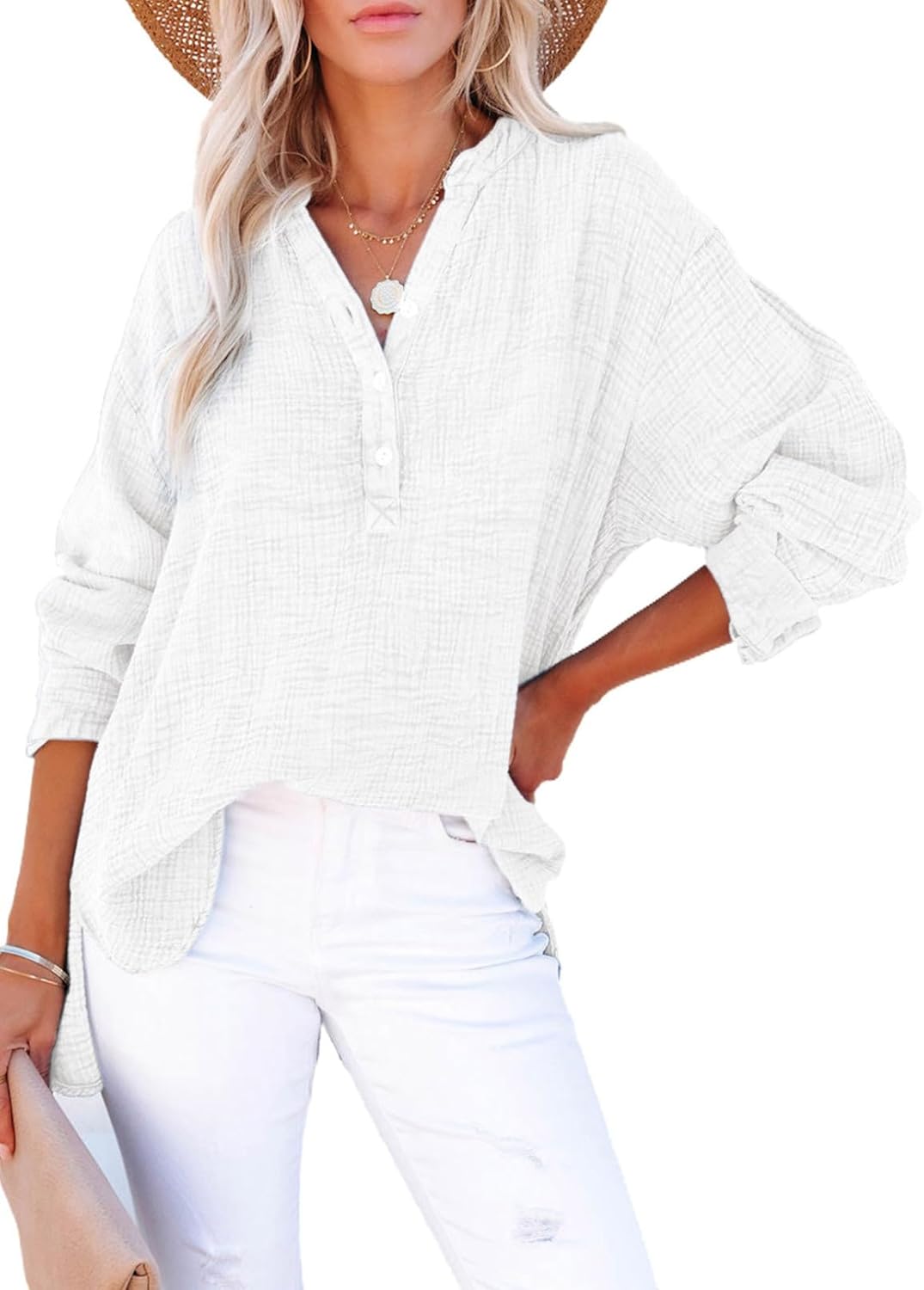 🍀Blusas casuales de gasa con botones al frente y manga larga para mujer en talla grande