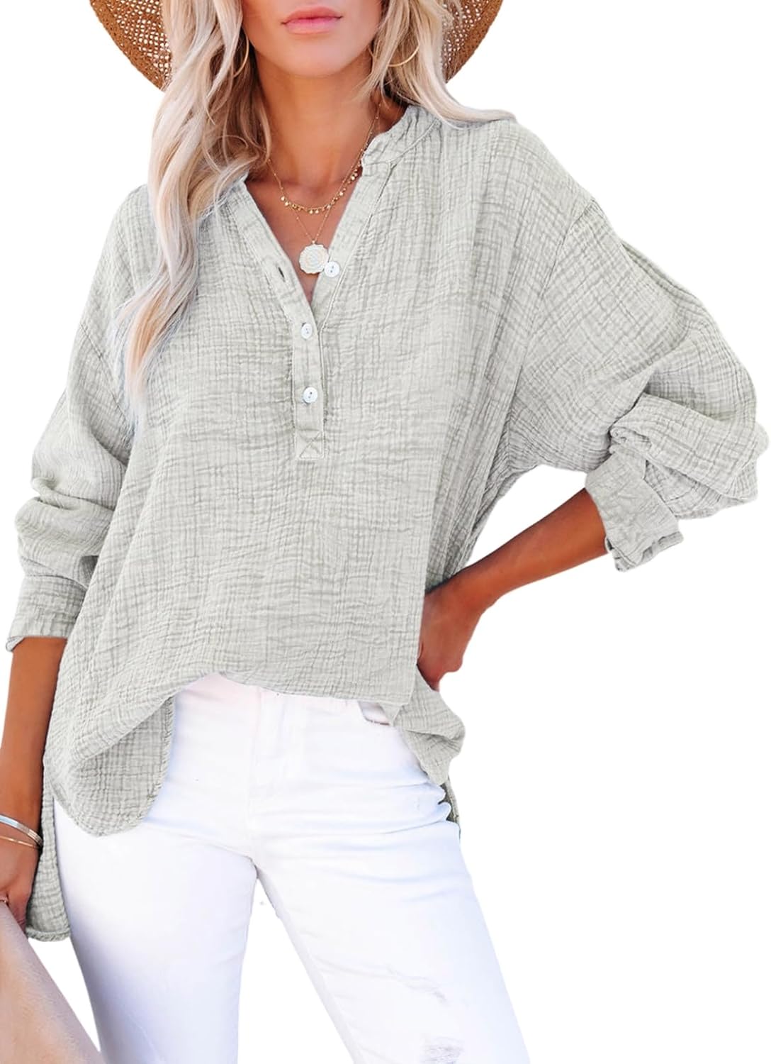 🍀Blusas casuales de gasa con botones al frente y manga larga para mujer en talla grande