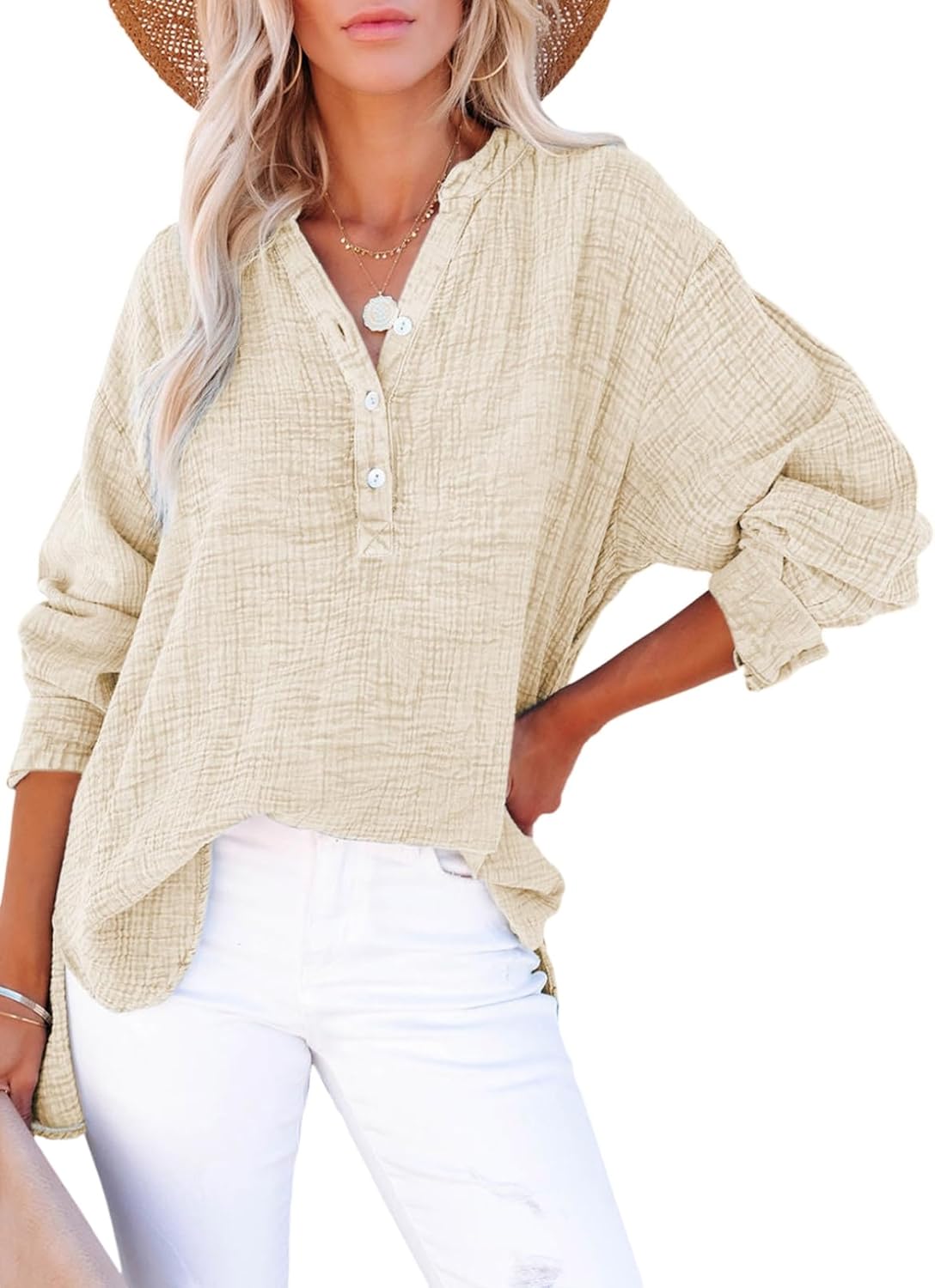 🍀Blusas casuales de gasa con botones al frente y manga larga para mujer en talla grande