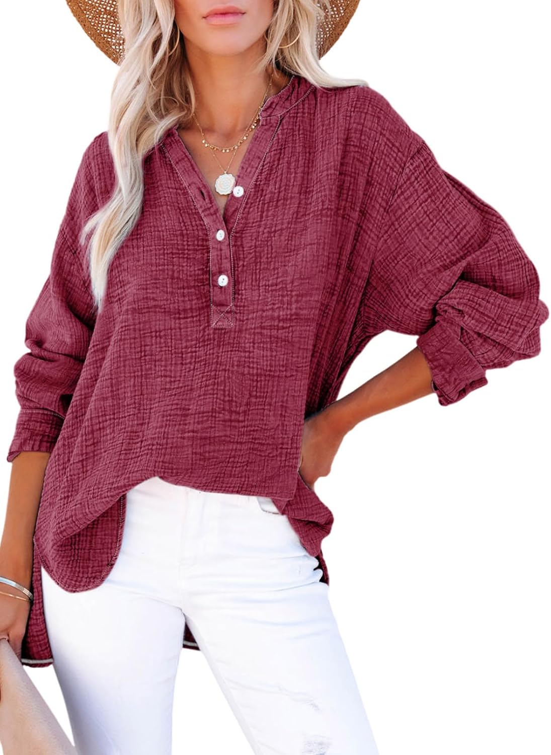 🍀Blusas casuales de gasa con botones al frente y manga larga para mujer en talla grande