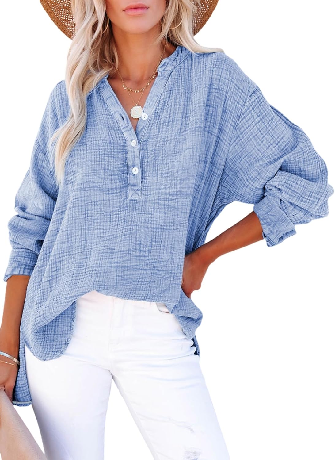 🍀Blusas casuales de gasa con botones al frente y manga larga para mujer en talla grande