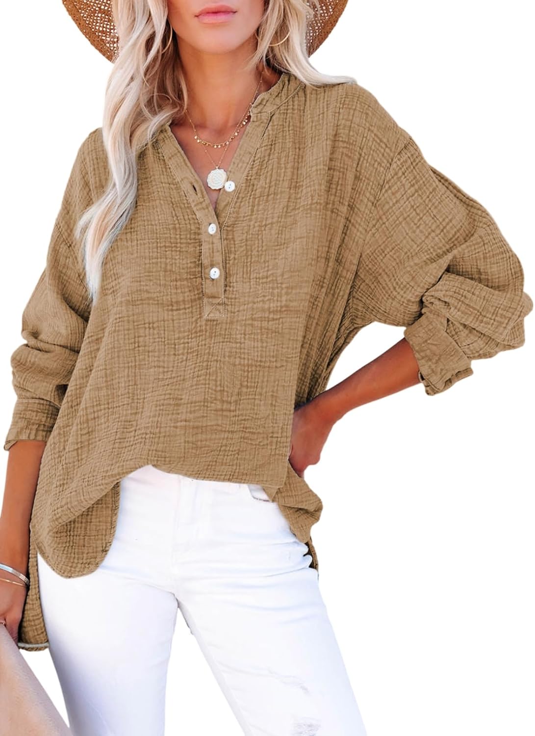 🍀Blusas casuales de gasa con botones al frente y manga larga para mujer en talla grande