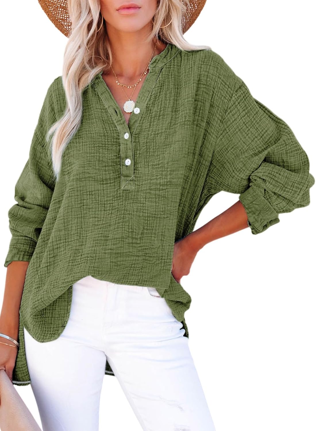 🍀Blusas casuales de gasa con botones al frente y manga larga para mujer en talla grande