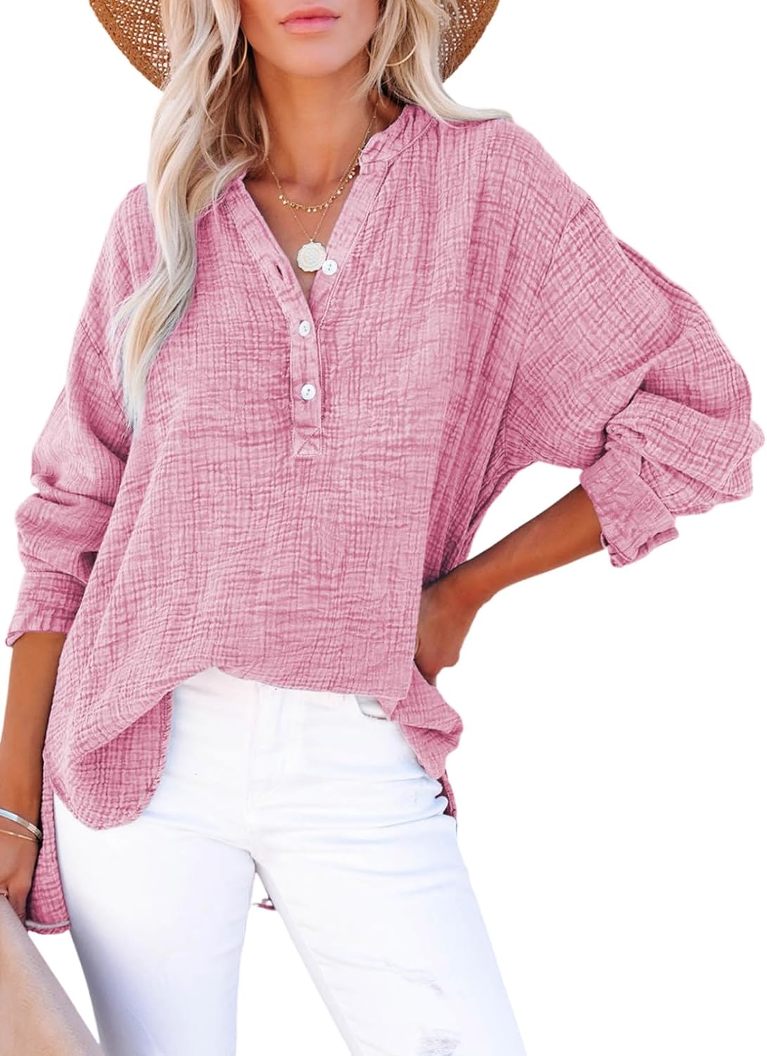 🍀Blusas casuales de gasa con botones al frente y manga larga para mujer en talla grande