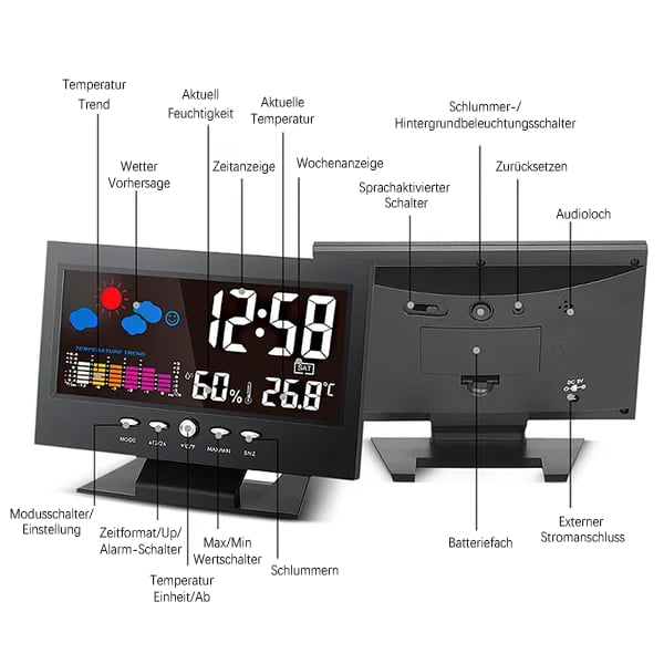 🔥bestes Geschenk-50% Rabatt🔥Digitaler LED-Temperatur- und Luftfeuchtigkeitsmonitor, Wettervorhersage, LED-Tischwecker