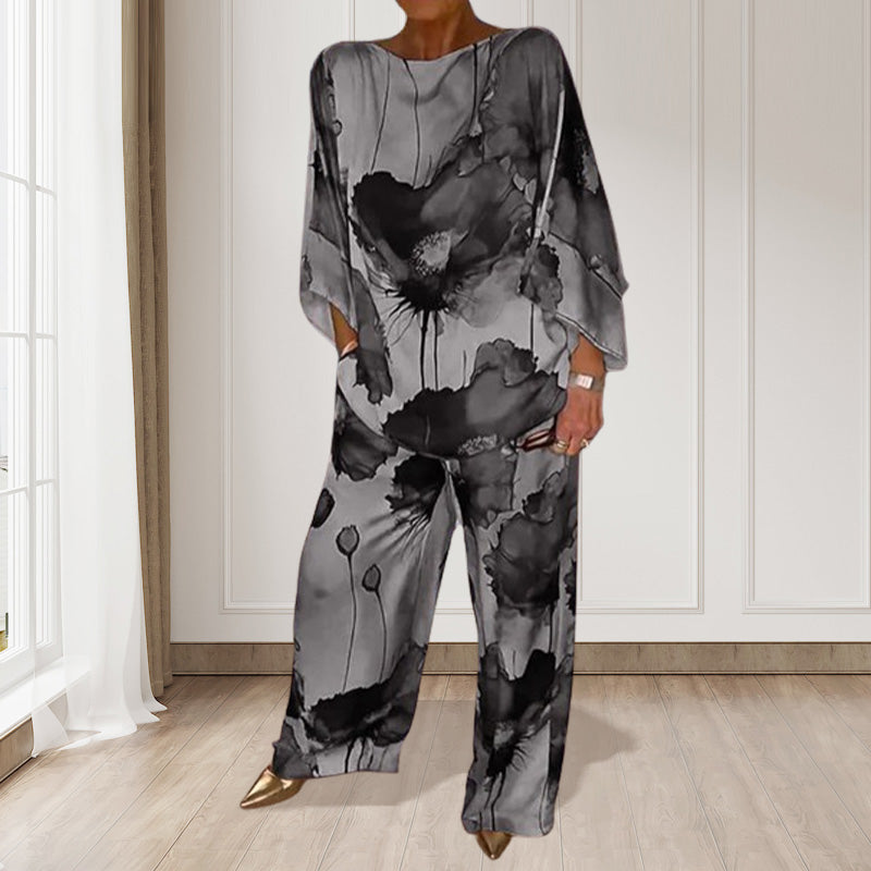 Traje elegante y suelto de 2 piezas con presión floral de acuarela para mujeres de gran tamaño