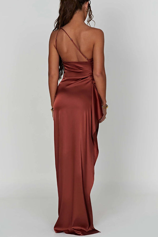 Satinkleid in Maxilänge mit Schlitz und Drapierung, One-Shoulder-Design