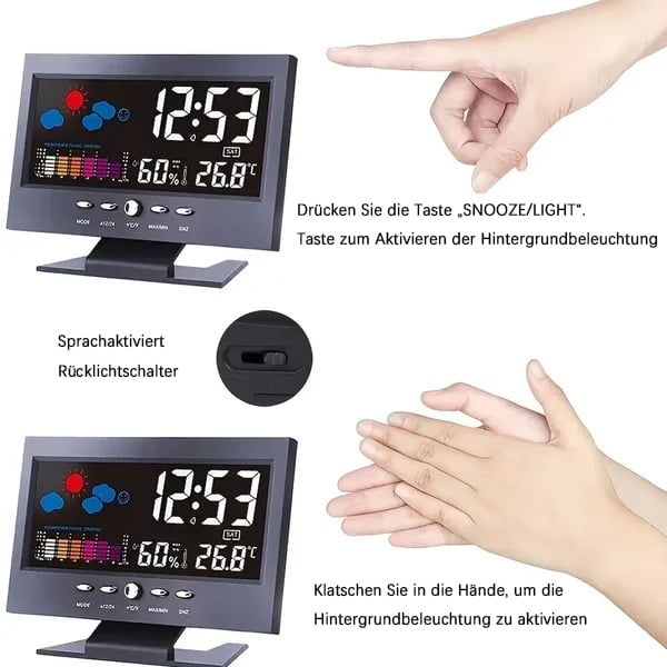 🔥bestes Geschenk-50% Rabatt🔥Digitaler LED-Temperatur- und Luftfeuchtigkeitsmonitor, Wettervorhersage, LED-Tischwecker