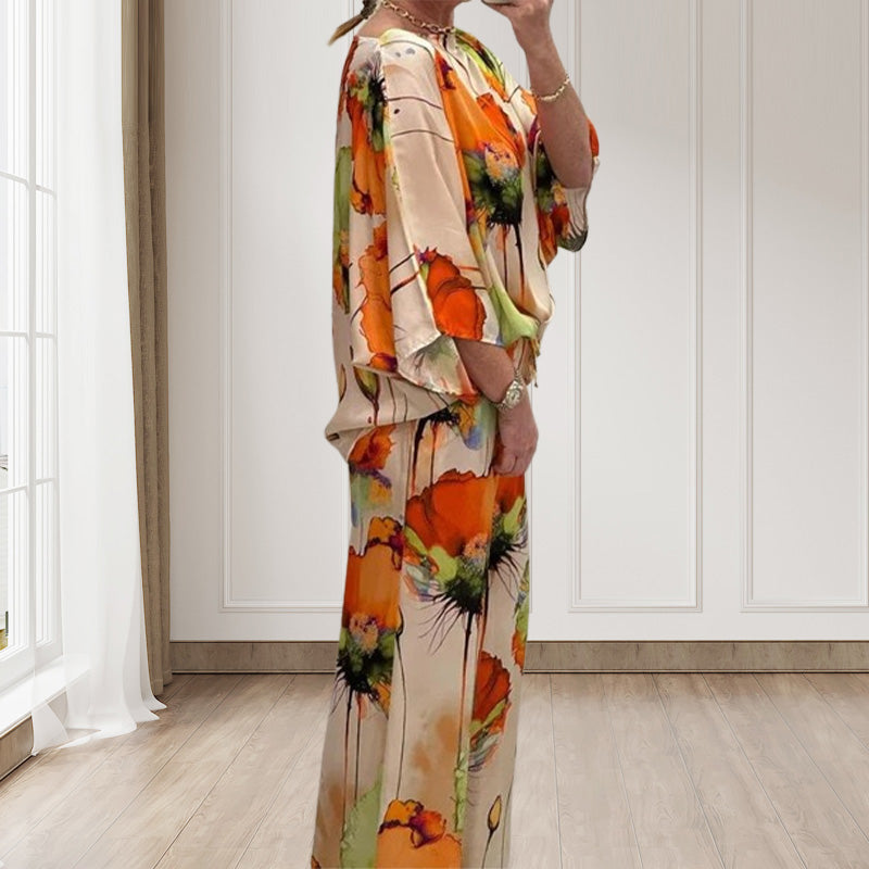 Traje elegante y suelto de 2 piezas con presión floral de acuarela para mujeres de gran tamaño