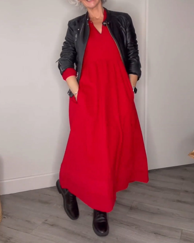 🎁Heiße Neuankömmlinge💃 Elegantes Kleid mit V-Ausschnitt und langen Ärmeln