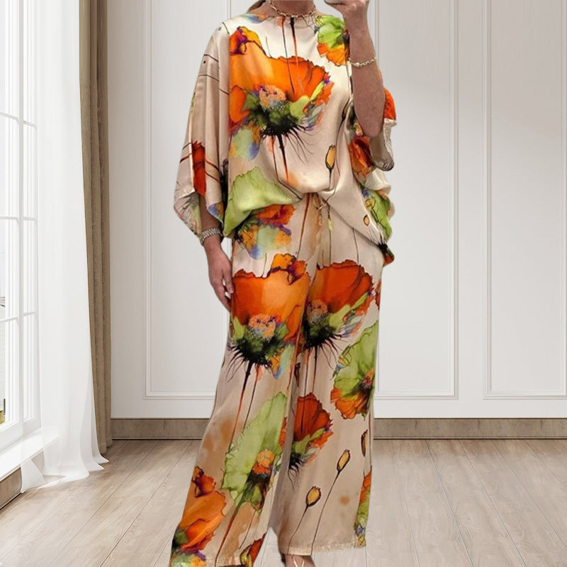 Traje elegante y suelto de 2 piezas con presión floral de acuarela para mujeres de gran tamaño
