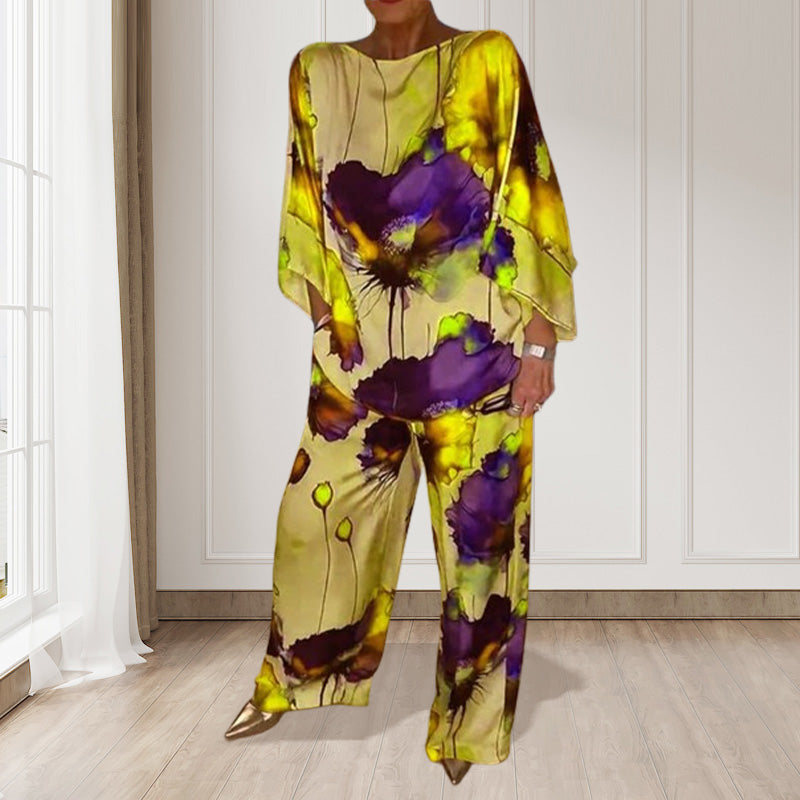 Traje elegante y suelto de 2 piezas con presión floral de acuarela para mujeres de gran tamaño