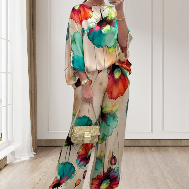 Traje elegante y suelto de 2 piezas con presión floral de acuarela para mujeres de gran tamaño
