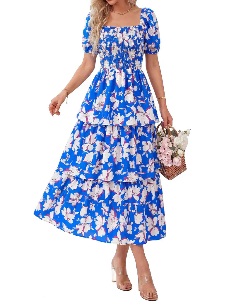 💃Damen Blumenkleid mit eckigem Ausschnitt & Puffärmeln 🌸