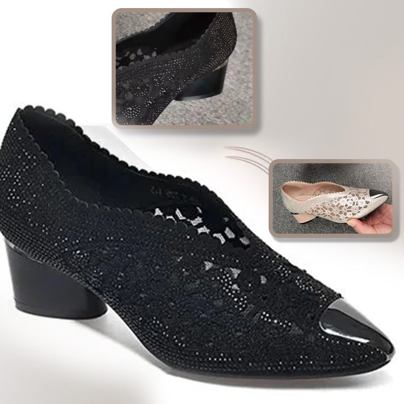 👡Zapatillas de malla con cristales y tacón grueso.