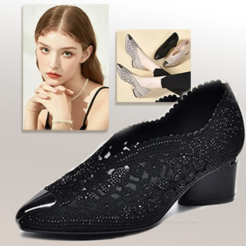 👡Zapatillas de malla con cristales y tacón grueso.