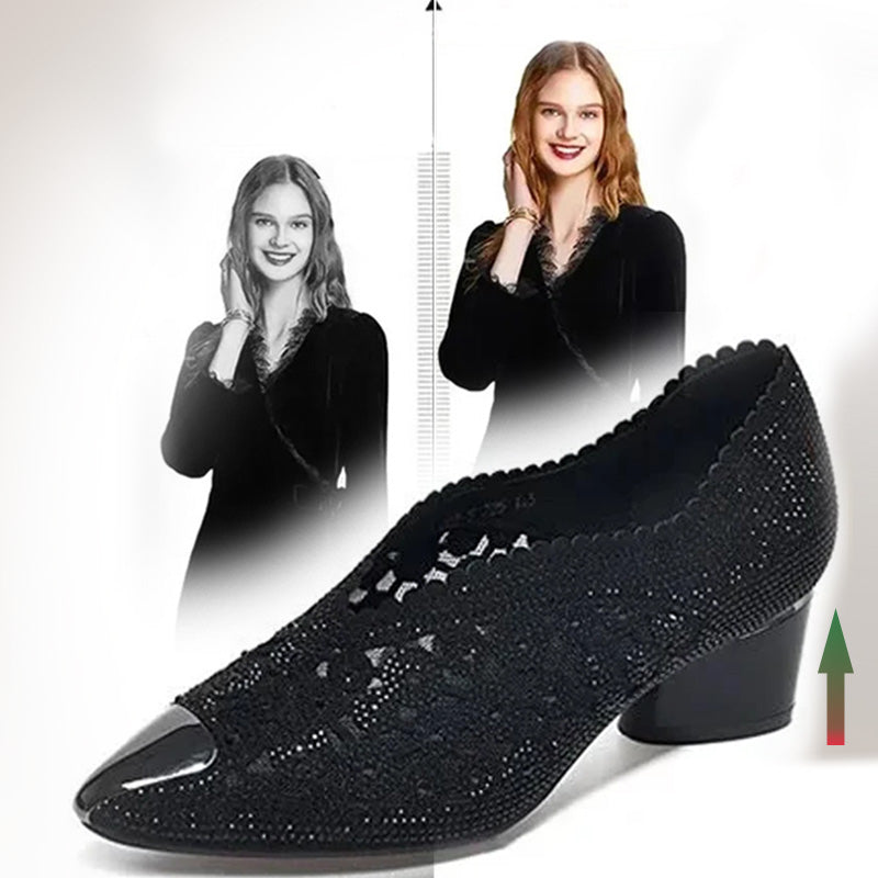 👡Zapatillas de malla con cristales y tacón grueso.