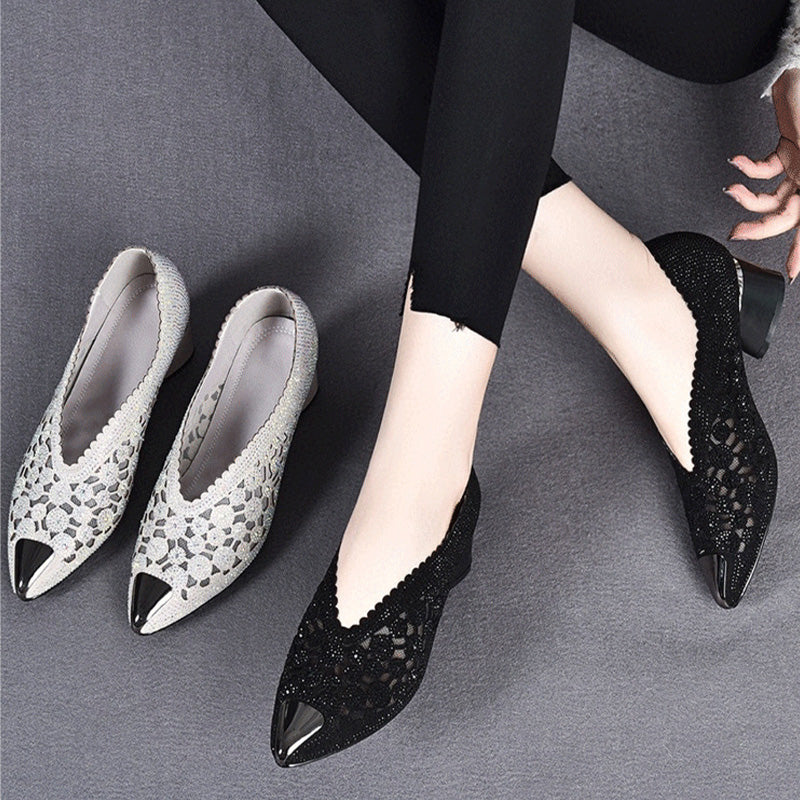 👡Zapatillas de malla con cristales y tacón grueso.