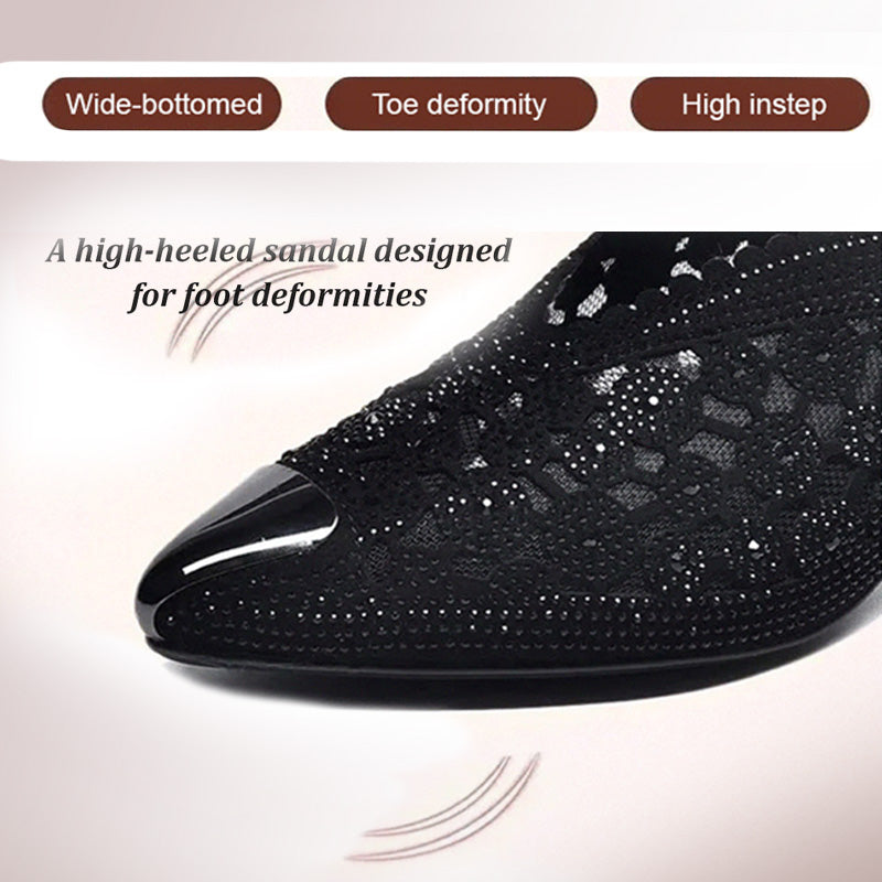 👡Zapatillas de malla con cristales y tacón grueso.