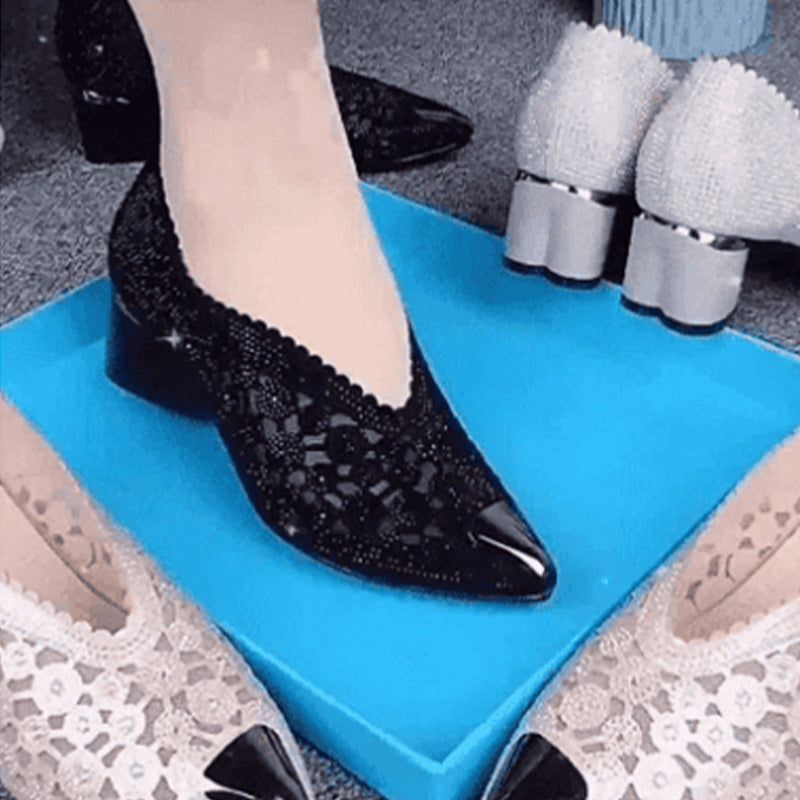👡Zapatillas de malla con cristales y tacón grueso.
