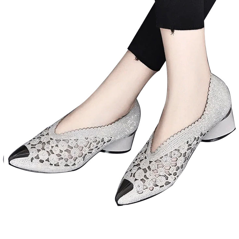 👡Zapatillas de malla con cristales y tacón grueso.