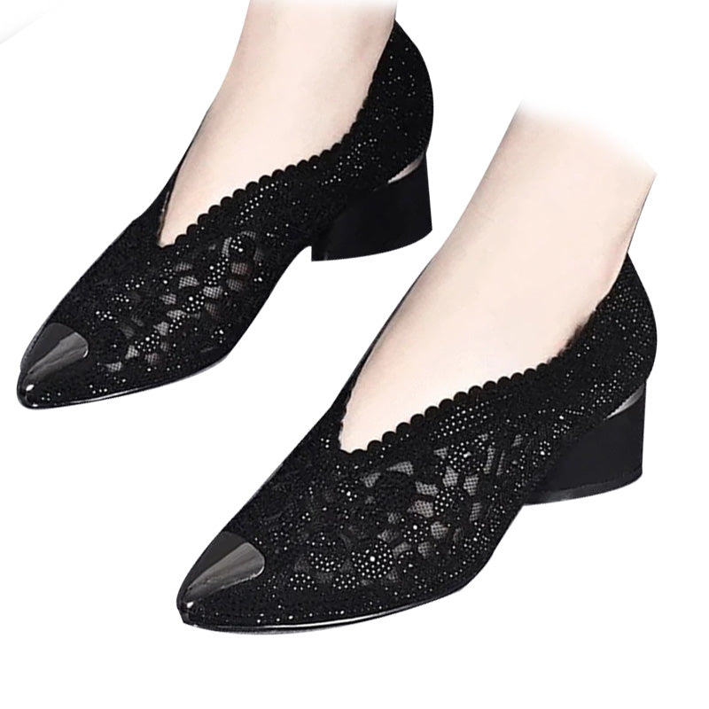 👡Zapatillas de malla con cristales y tacón grueso.