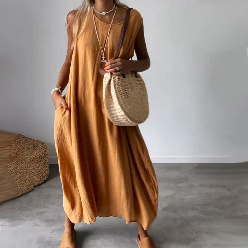 👗50% Rabatt 👍Ärmelloses Freizeitkleid aus Baumwolle und Leinen mit Tasche