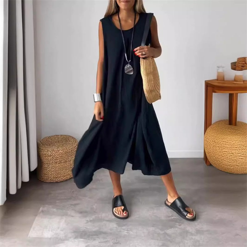👗50% Rabatt 👍Ärmelloses Freizeitkleid aus Baumwolle und Leinen mit Tasche