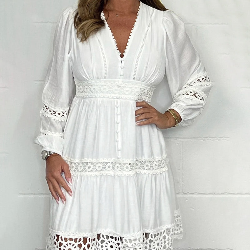 Vestido vintage con una punta ahuecada y cuello en V para mujeres
