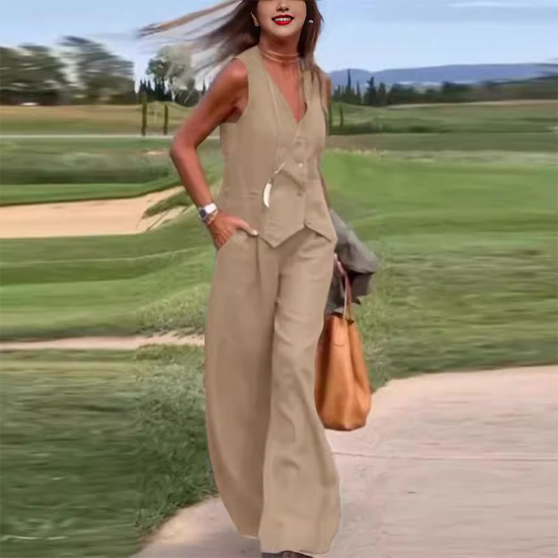 🔥Conjunto de 2 piezas de chaleco con botones delanteros de color sólido y pantalones de pierna ancha para mujer
