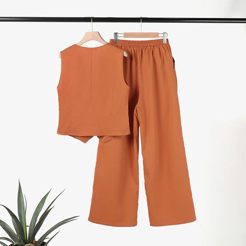 🔥Conjunto de 2 piezas de chaleco con botones delanteros de color sólido y pantalones de pierna ancha para mujer