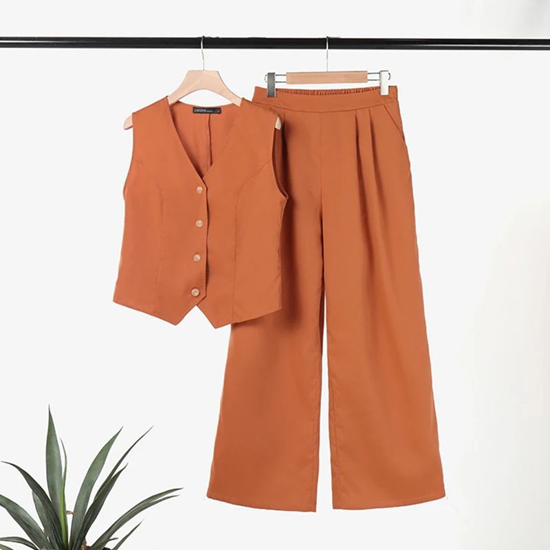🔥Conjunto de 2 piezas de chaleco con botones delanteros de color sólido y pantalones de pierna ancha para mujer