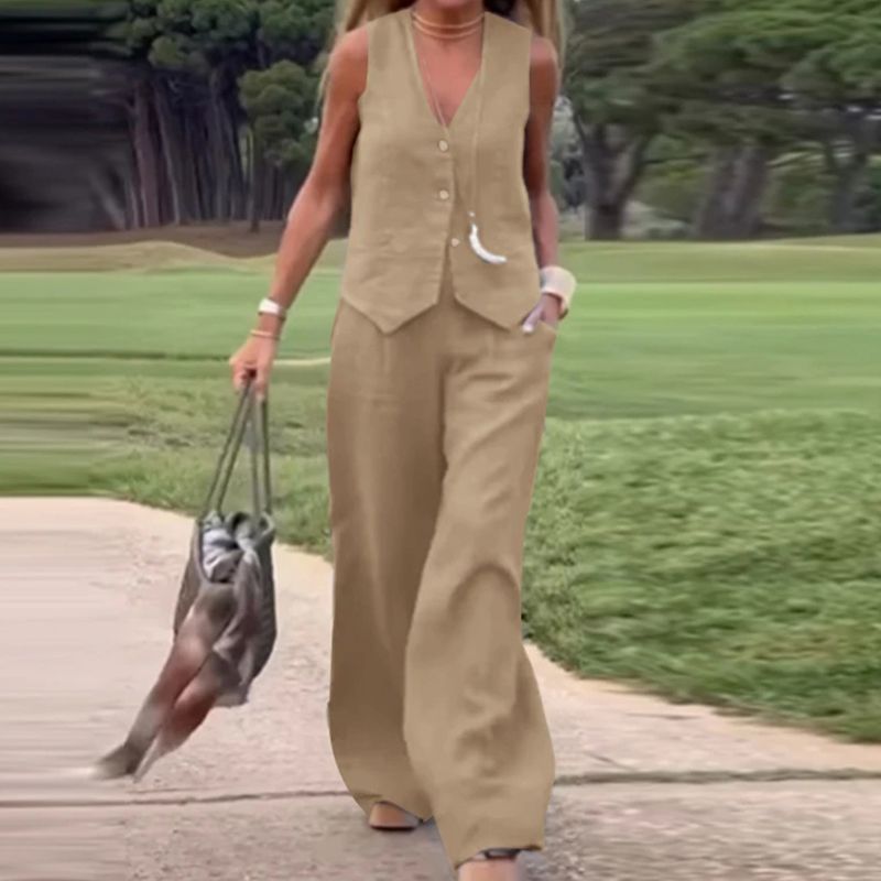 🔥Conjunto de 2 piezas de chaleco con botones delanteros de color sólido y pantalones de pierna ancha para mujer