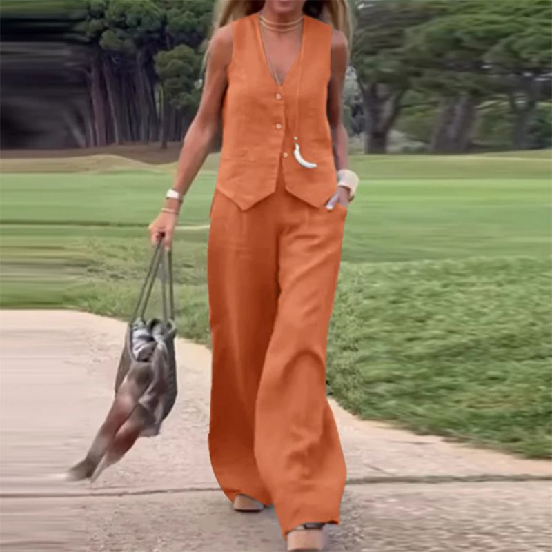 🔥Conjunto de 2 piezas de chaleco con botones delanteros de color sólido y pantalones de pierna ancha para mujer