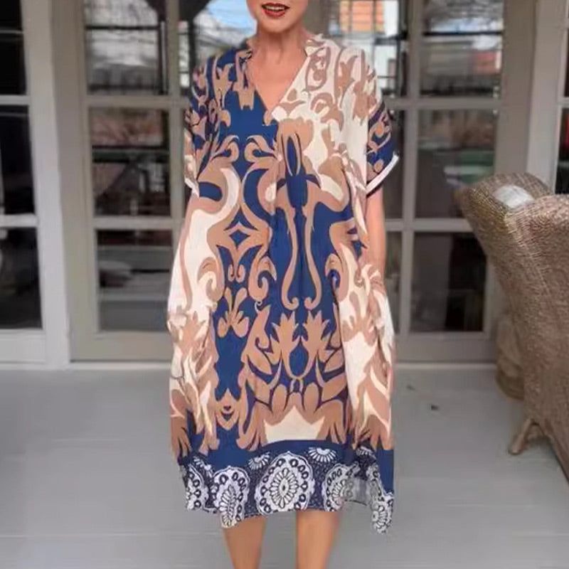49% de descuento👗 Vestido midi holgado con cuello en V y estampado