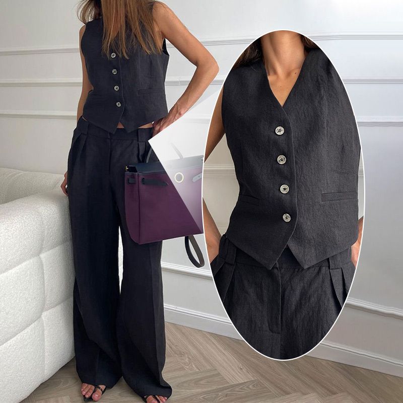 Lässiges 2-teiliges Set für Damen, ärmellose Weste mit V-Ausschnitt und Hose mit weitem Bein