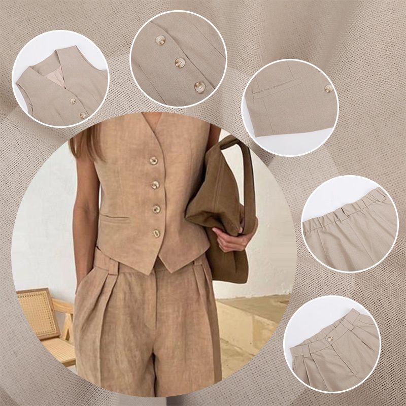 Lässiges 2-teiliges Set für Damen, ärmellose Weste mit V-Ausschnitt und Hose mit weitem Bein