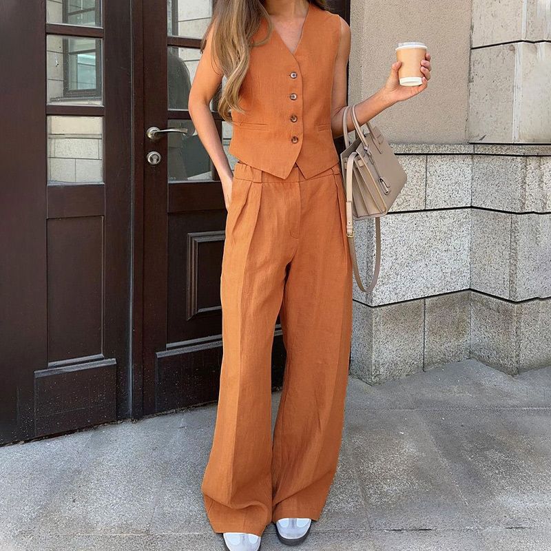 Lässiges 2-teiliges Set für Damen, ärmellose Weste mit V-Ausschnitt und Hose mit weitem Bein
