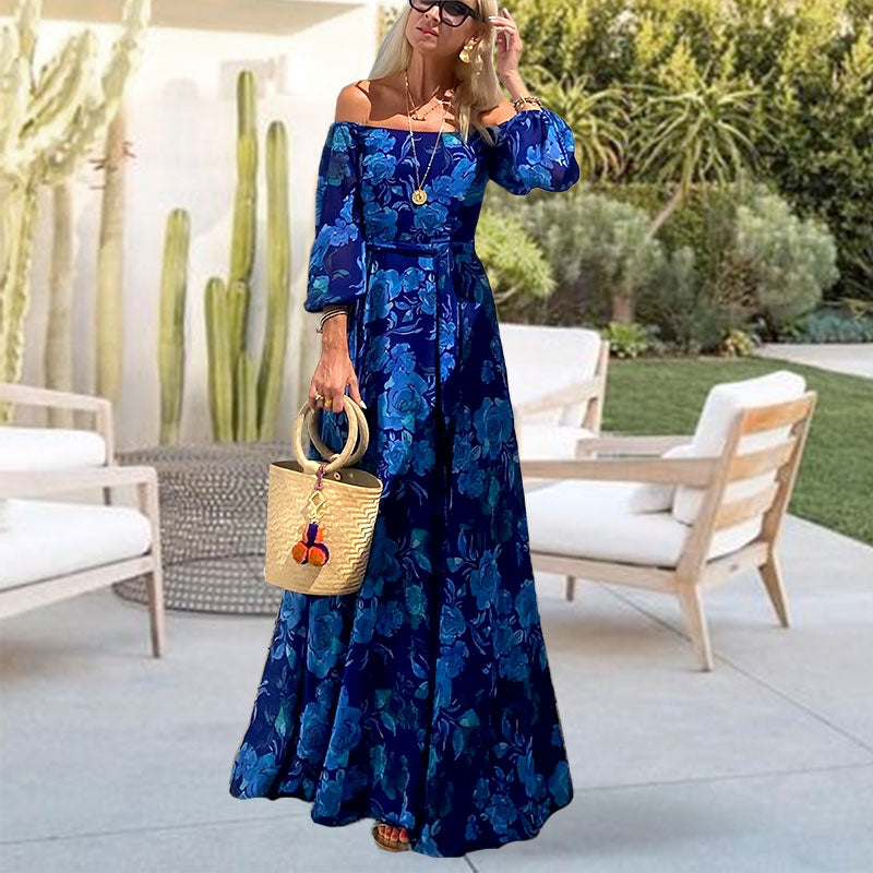 Elegante, sin hombro, fluido, vestido largo con presión floral para mujeres