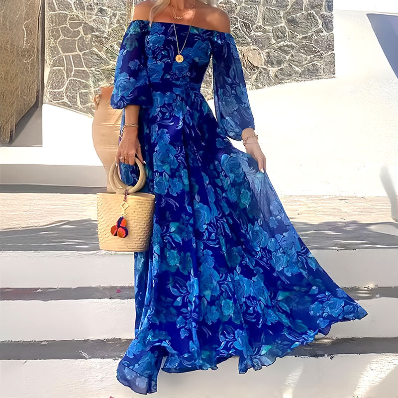 Elegante, sin hombro, fluido, vestido largo con presión floral para mujeres