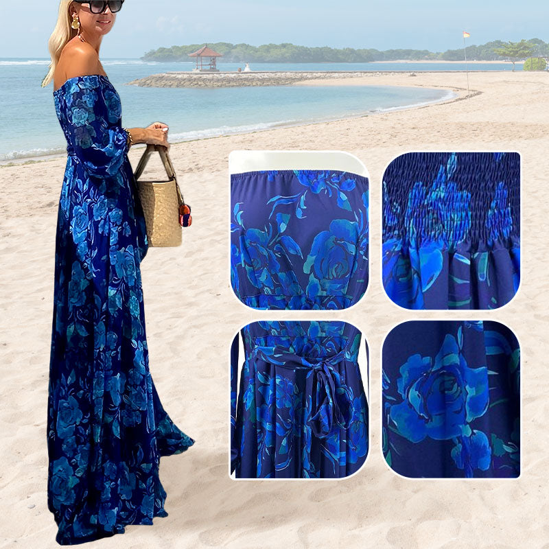 Elegante, sin hombro, fluido, vestido largo con presión floral para mujeres